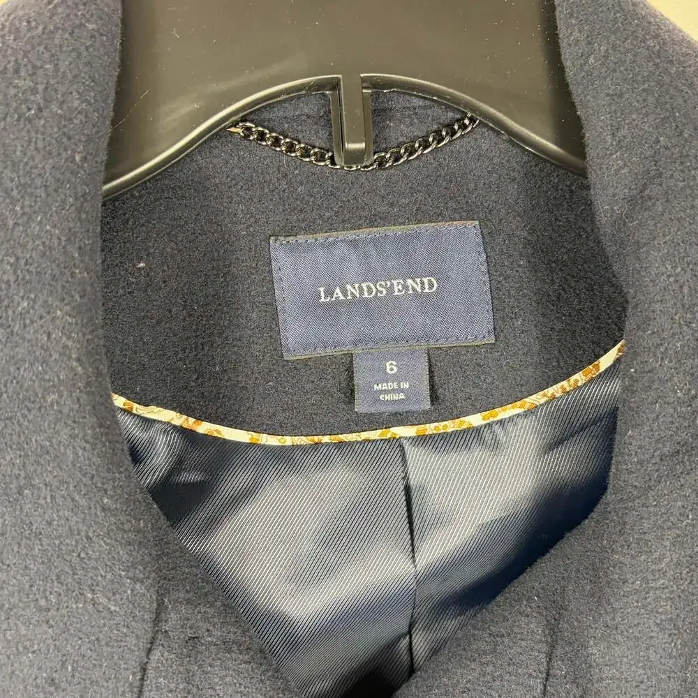 Lands' End Women's Navy Blue Wool Cashmere Blend Stand Collar Coat